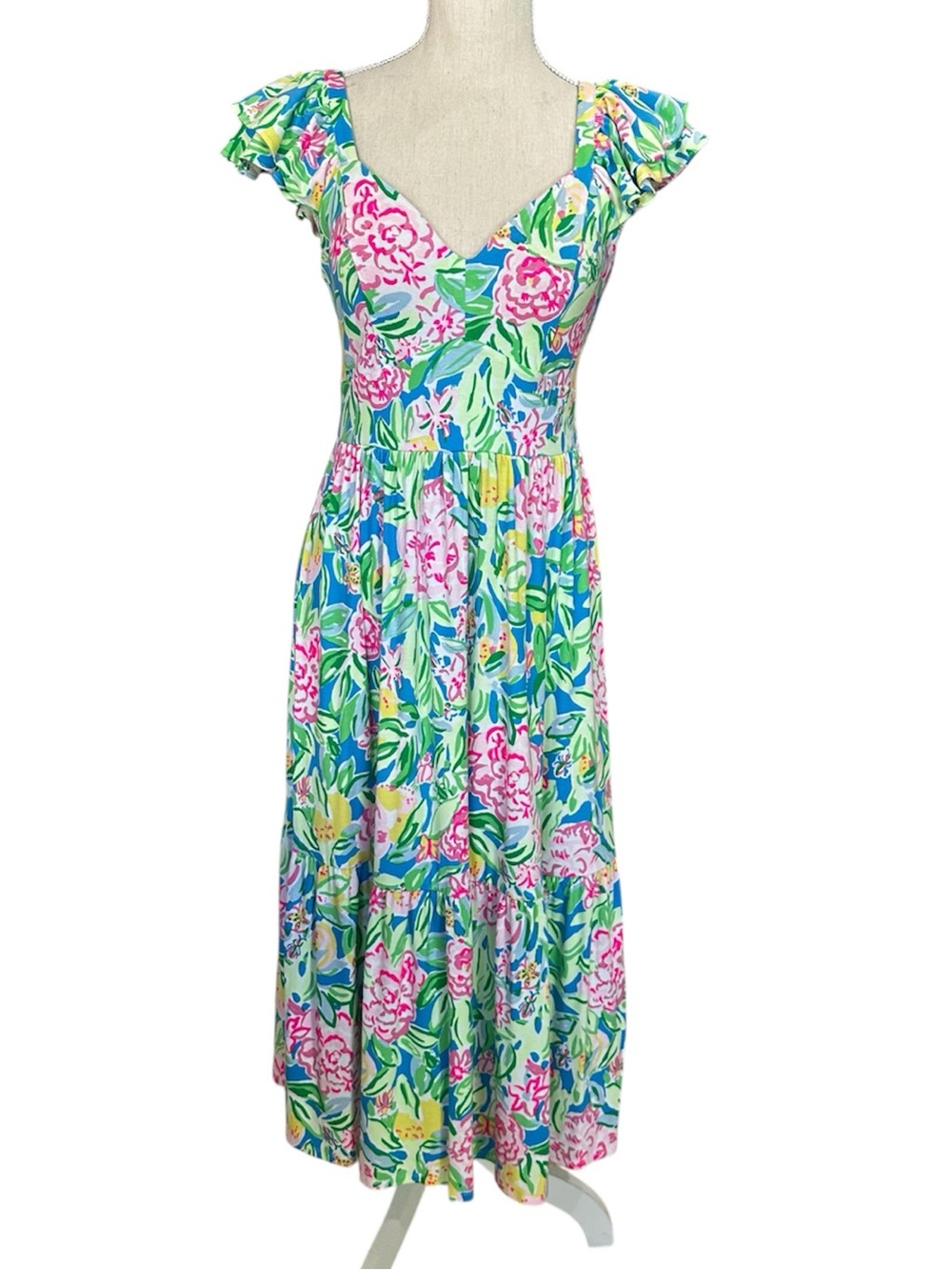Lilly Pulitzer Midi Dress Flutter Sleeve Bayleigh Grove Garden Print NWOT Size 6
